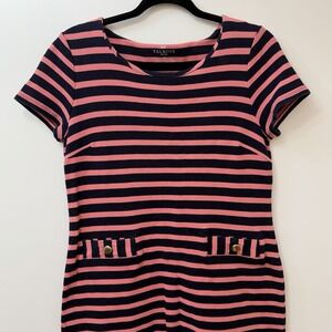 Talbots Dress Navy Pink Striped 100% Cotton Med Pet Classic Preppy